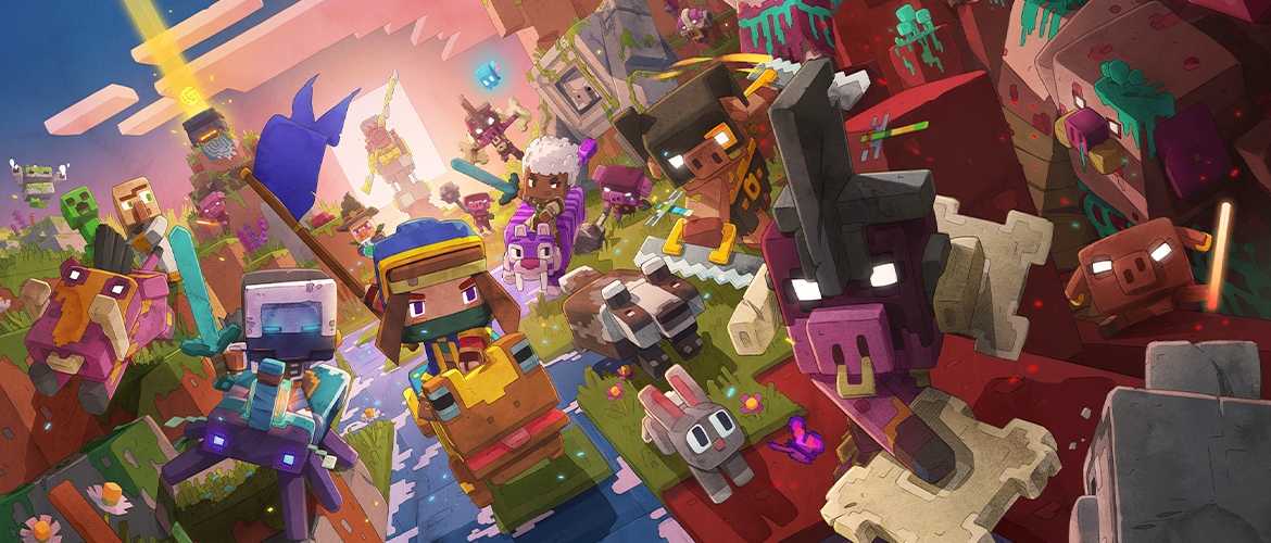 Key art of the features coming to Minecraft Legends' second update, featuring the hero riding a fearless frog in the center, alongside two other heroes on different mounts and other Overworld mobs. In the foreground, a clanger and other piglins are running from the hero. Int he background we see more piglins trialing the hero and their friends, alongside witches, golems, and villagers. In the far background there's an air chopper blowing towards the aforementioned characters, as well as a cauldron. The ground to the right is netherrack while the ground to the right is grass with a river running through it.